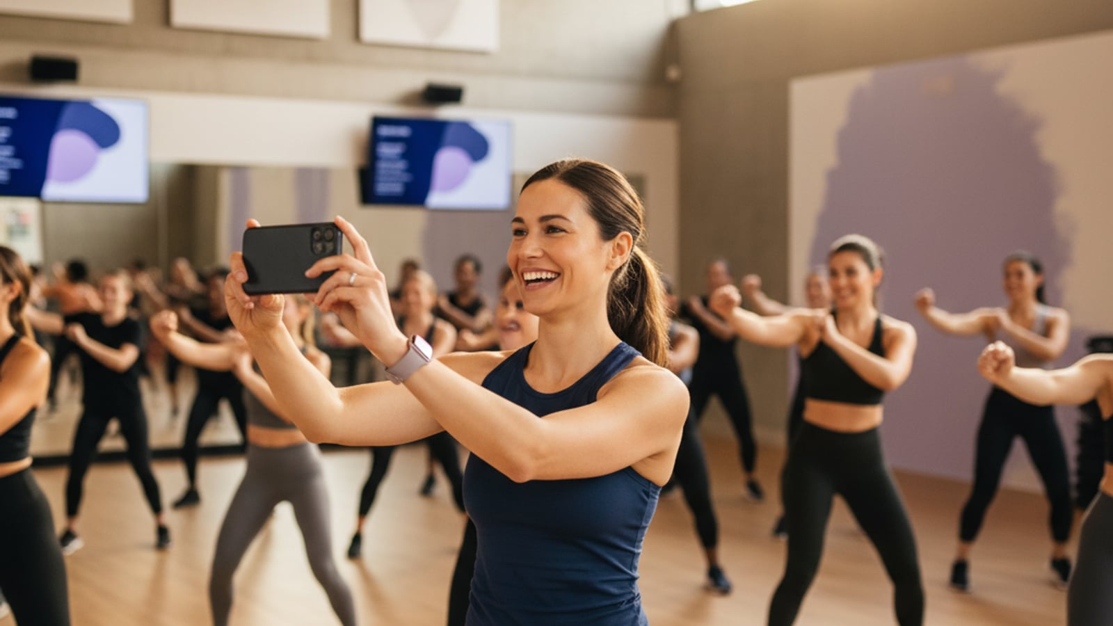 A smiling fitness coach records a short video of a lively gym class, gathering raw social media content for gyms and fitness studios.