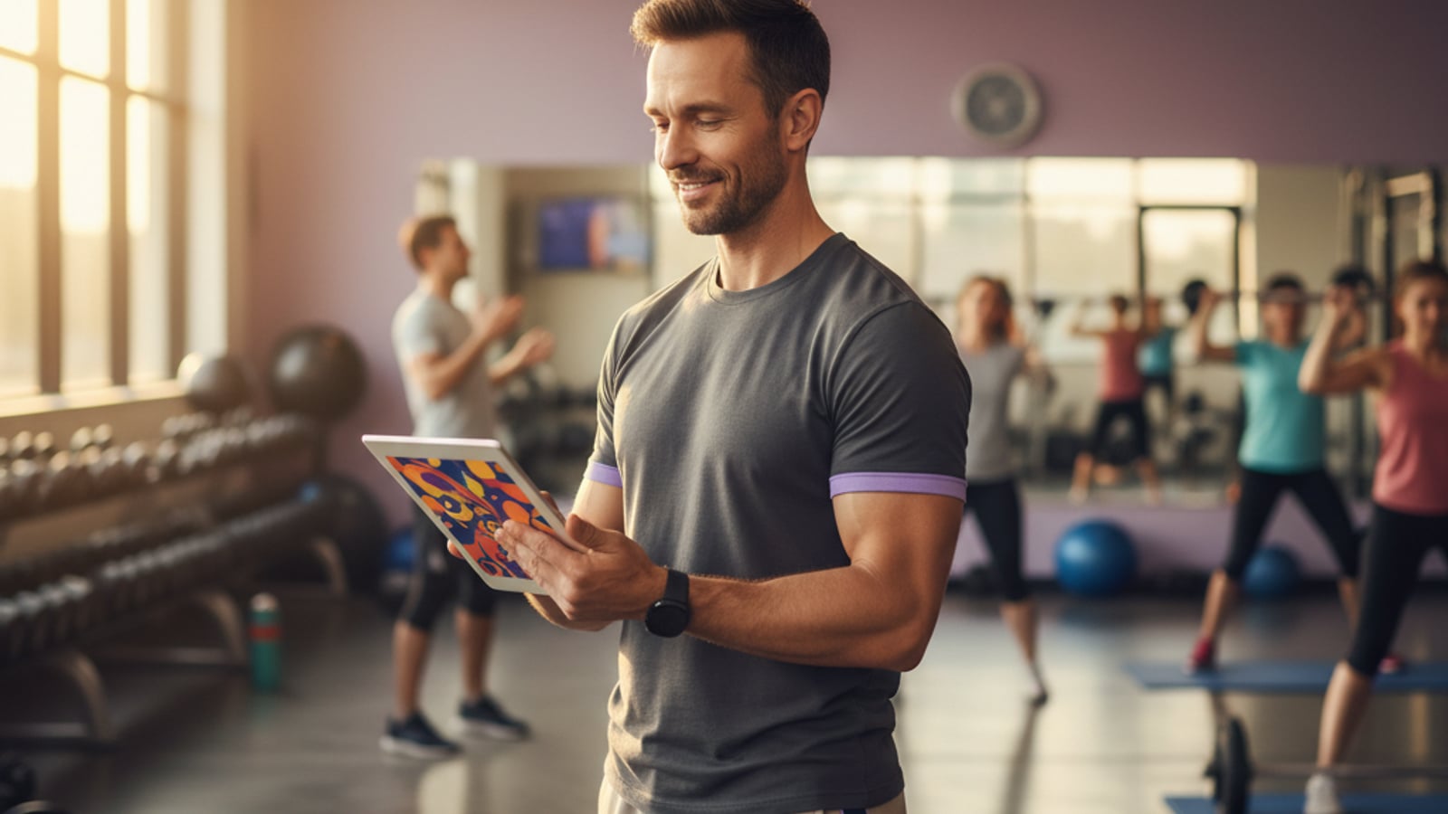A confident gym owner surveys their bustling studio, glancing at a tablet showing effective social media content for gyms and fitness studios.