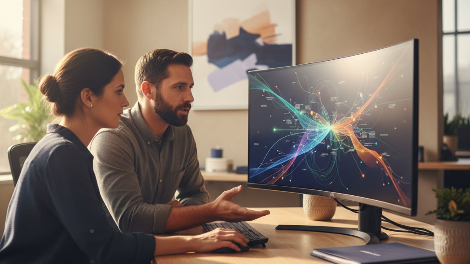Two professionals collaborating, reviewing colorful data visualizations on a monitor, streamlining processes for home services automation.