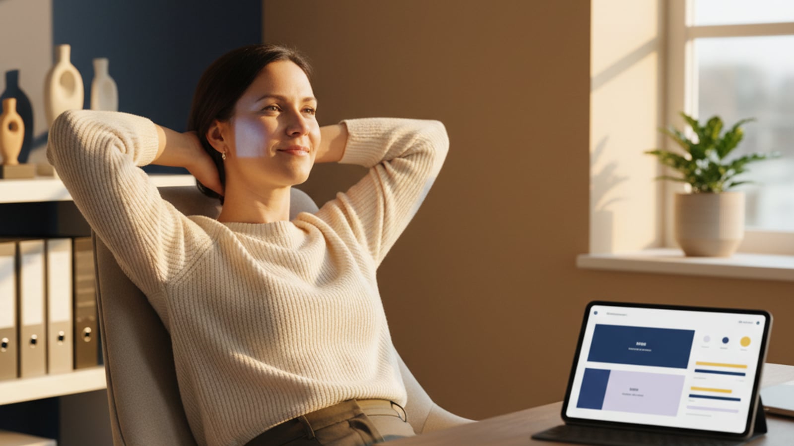 Confident home service business owner smiling in a bright office, viewing a clear, color-blocked dashboard, enjoying the benefits of automation.