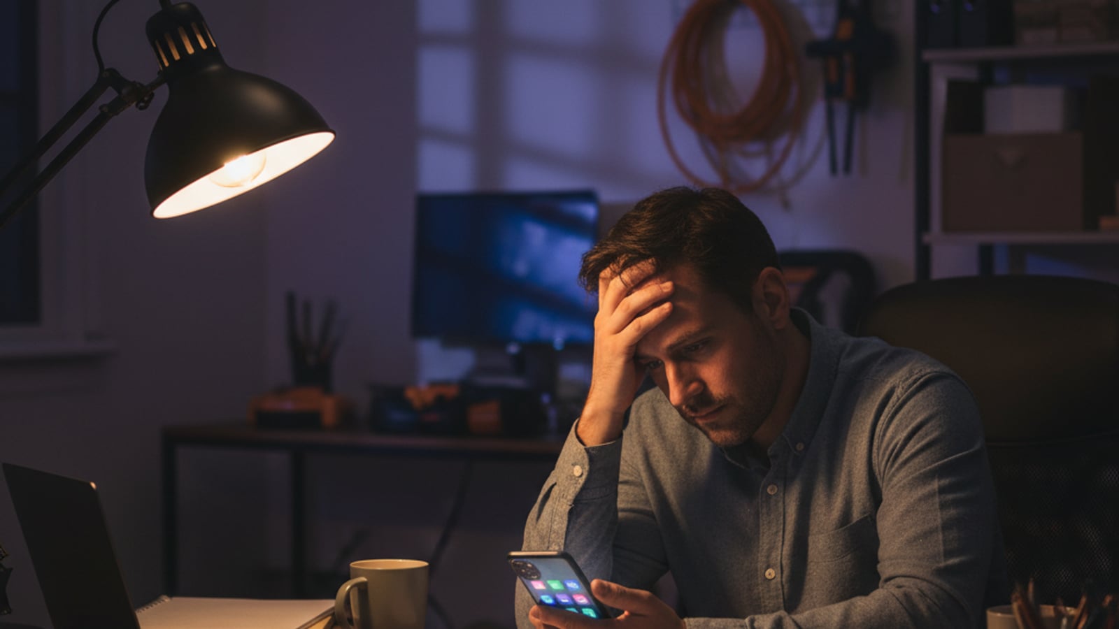 An exhausted small business owner at their desk late at night, overwhelmed by missed calls for their home services.