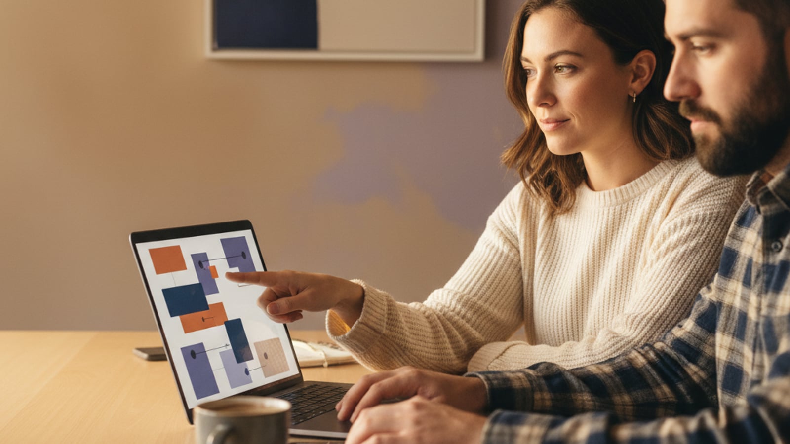 Two professionals collaborate on a laptop, setting up an AI chat assistant for plumbers electricians hvac home services.