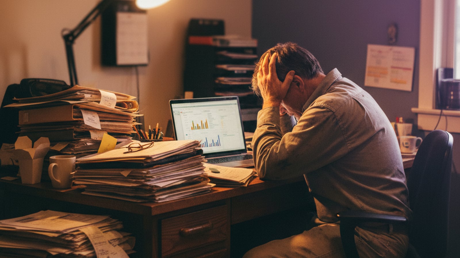 A weary plumber sits at a cluttered desk, head in hands, overwhelmed by managing customer retention for their business.