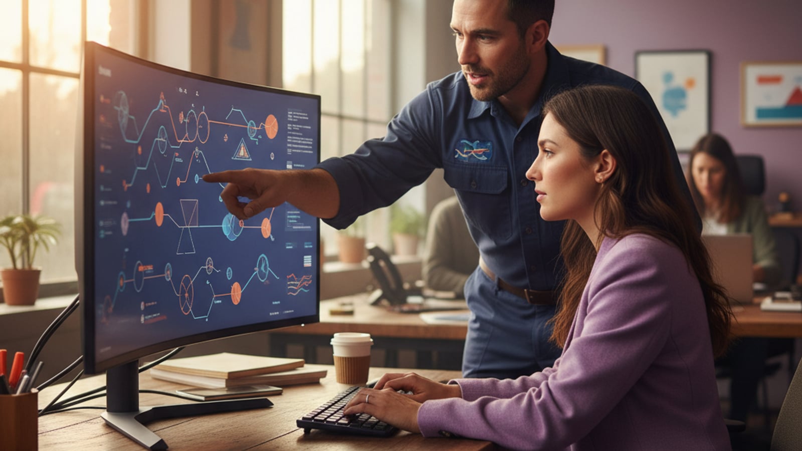 Two home services professionals collaborate, reviewing a colorful dashboard for their customer retention system.