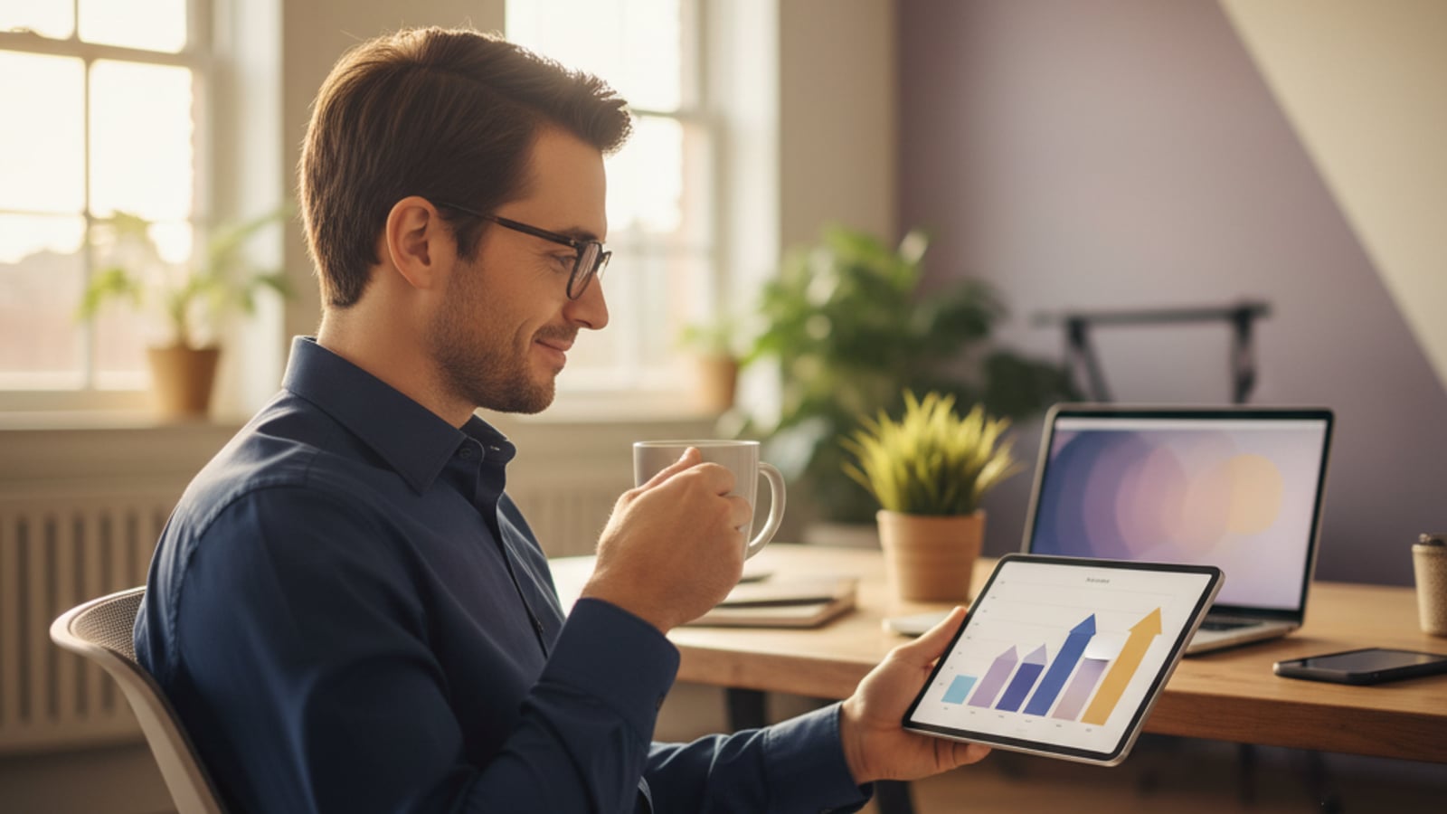 A confident HVAC business owner sips coffee, reviewing a clean digital dashboard for their thriving customer retention system.