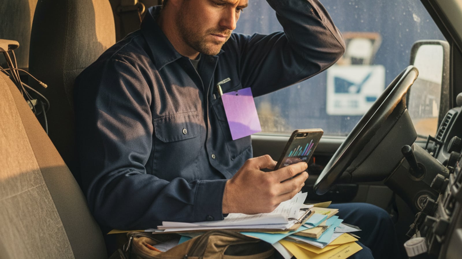 A frustrated HVAC technician in a messy truck cab, overwhelmed by scattered forms and a phone, struggling with manual document management.