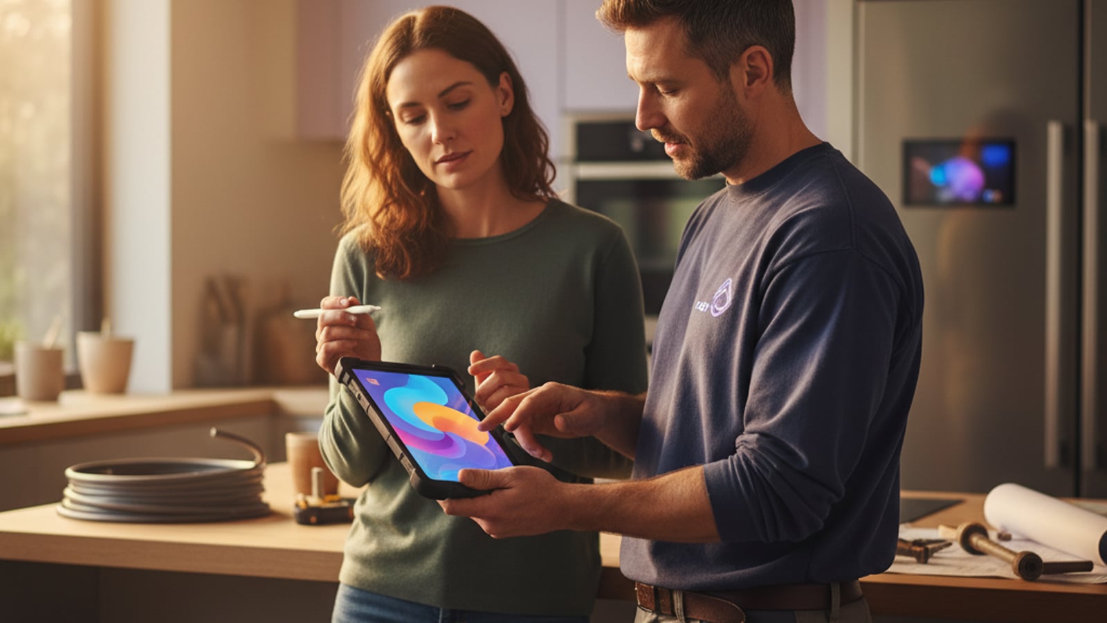 A plumber helps a homeowner sign a digital service agreement on a tablet, demonstrating modern document automation for plumbers.