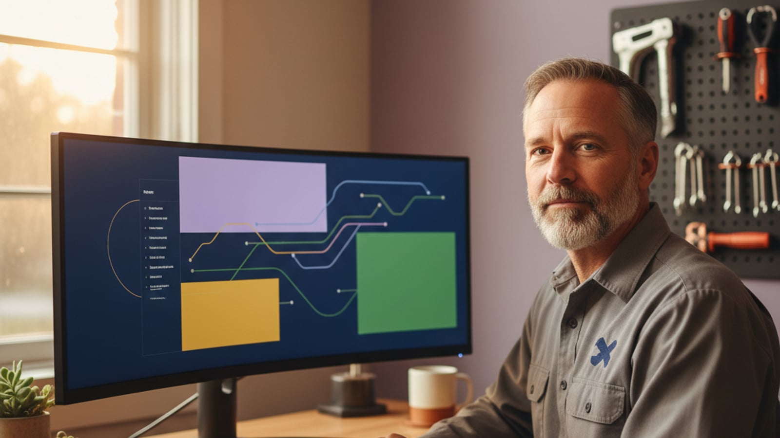 A calm small business owner reviews an organized digital dashboard, experiencing the efficiency of automated document management.