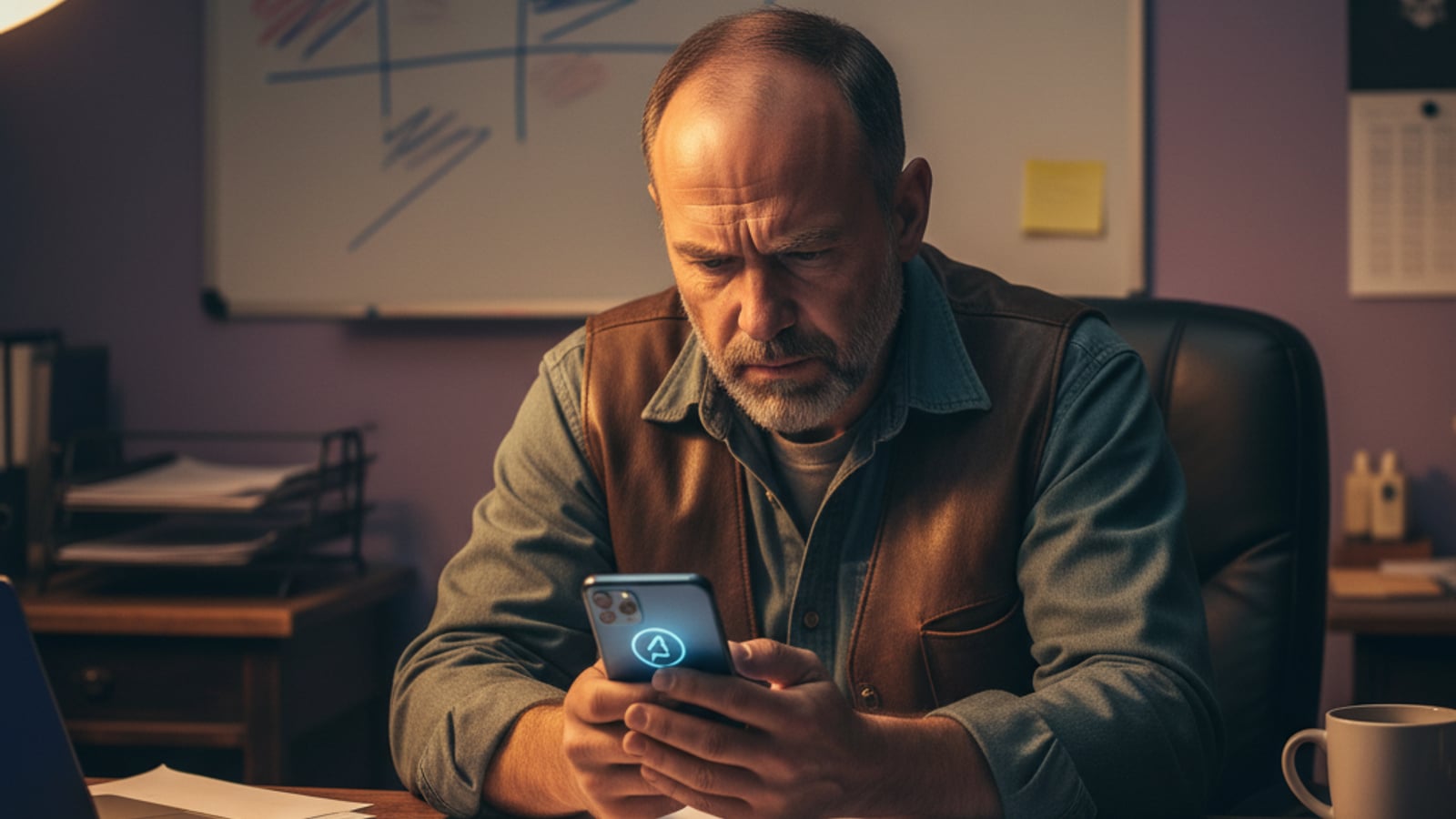 Stressed home services owner late at night, holding a phone with a missed call, struggling with lead nurture automation.