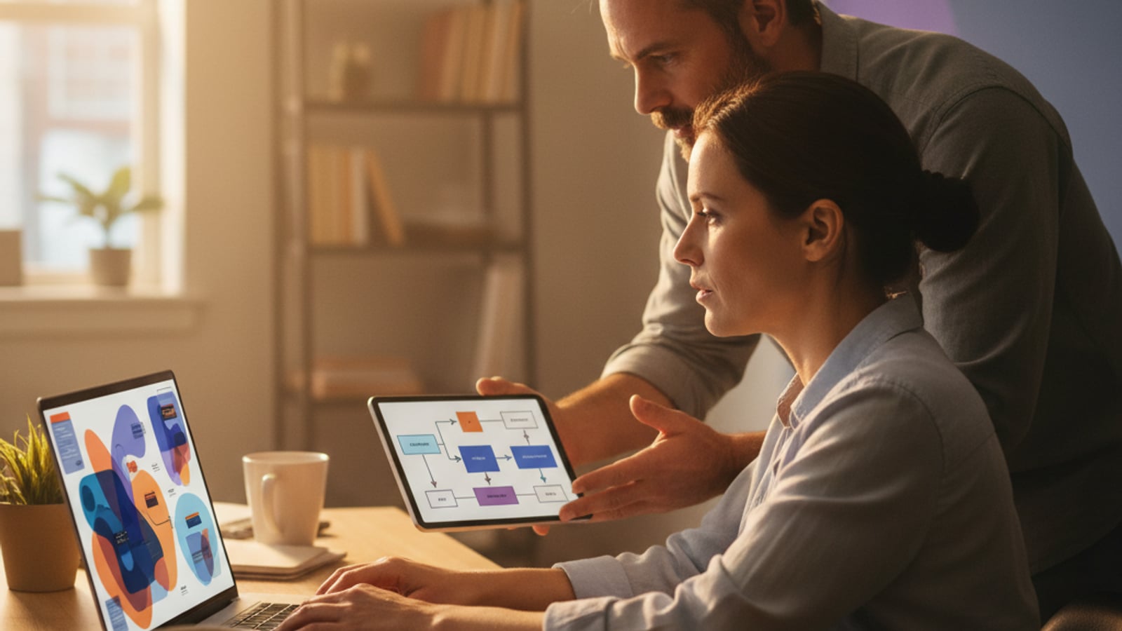Two home services professionals collaborating, hands on a keyboard, setting up lead nurture automation flows.
