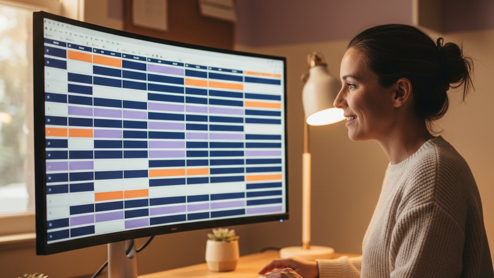 A calm dispatcher confidently views a clear, organized digital schedule, benefiting from lead nurture automation for plumbers.