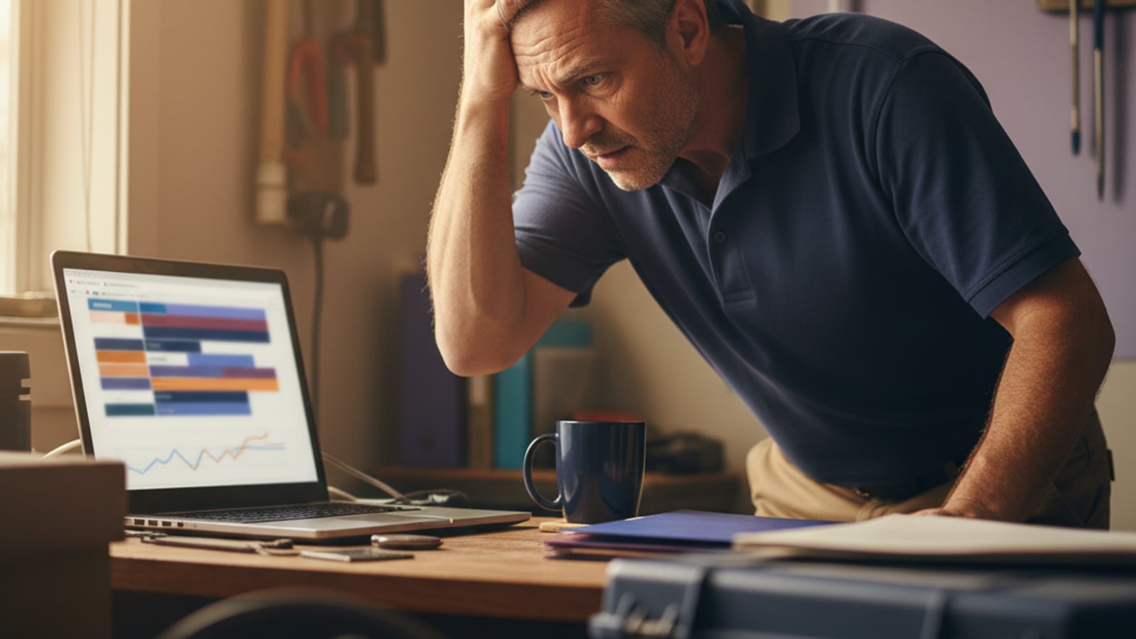 Stressed plumbing contractor at a laptop showing search results, frustrated by poor online visibility — needs review management for plumbers.