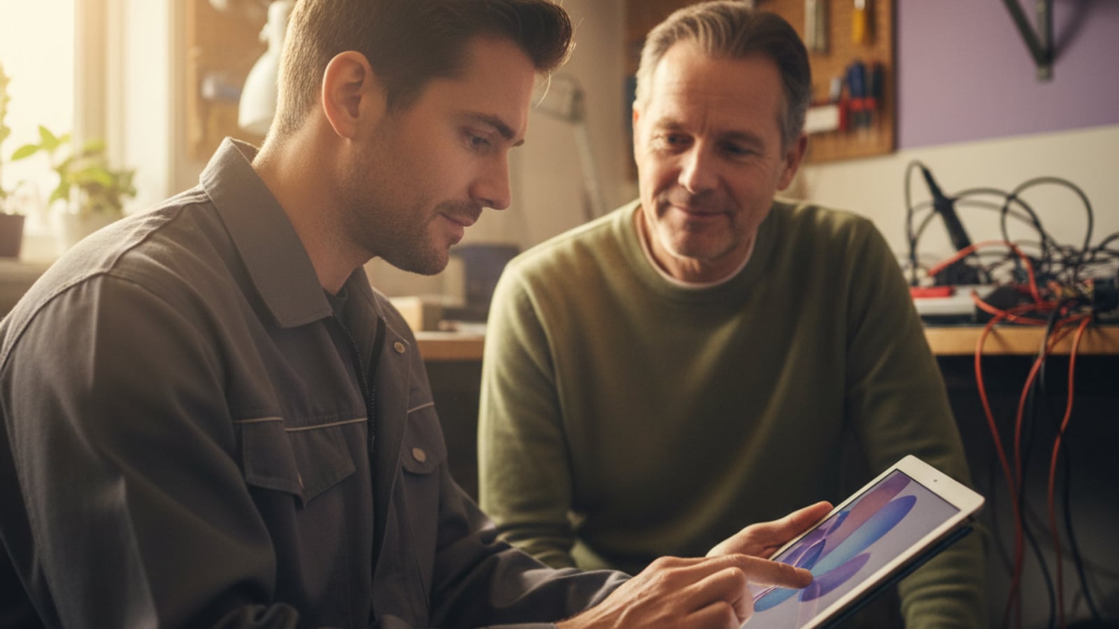 A home services technician taps on a tablet, marking a job complete, triggering an automated review management request for happy customers.