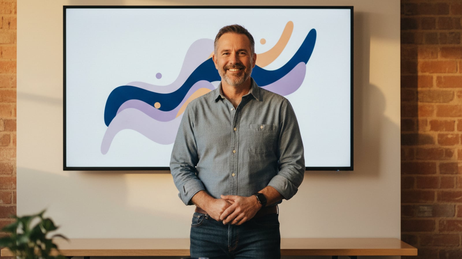 Confident HVAC business owner smiles in an organized office, a colorful dashboard showing strong local pack wins from review management.