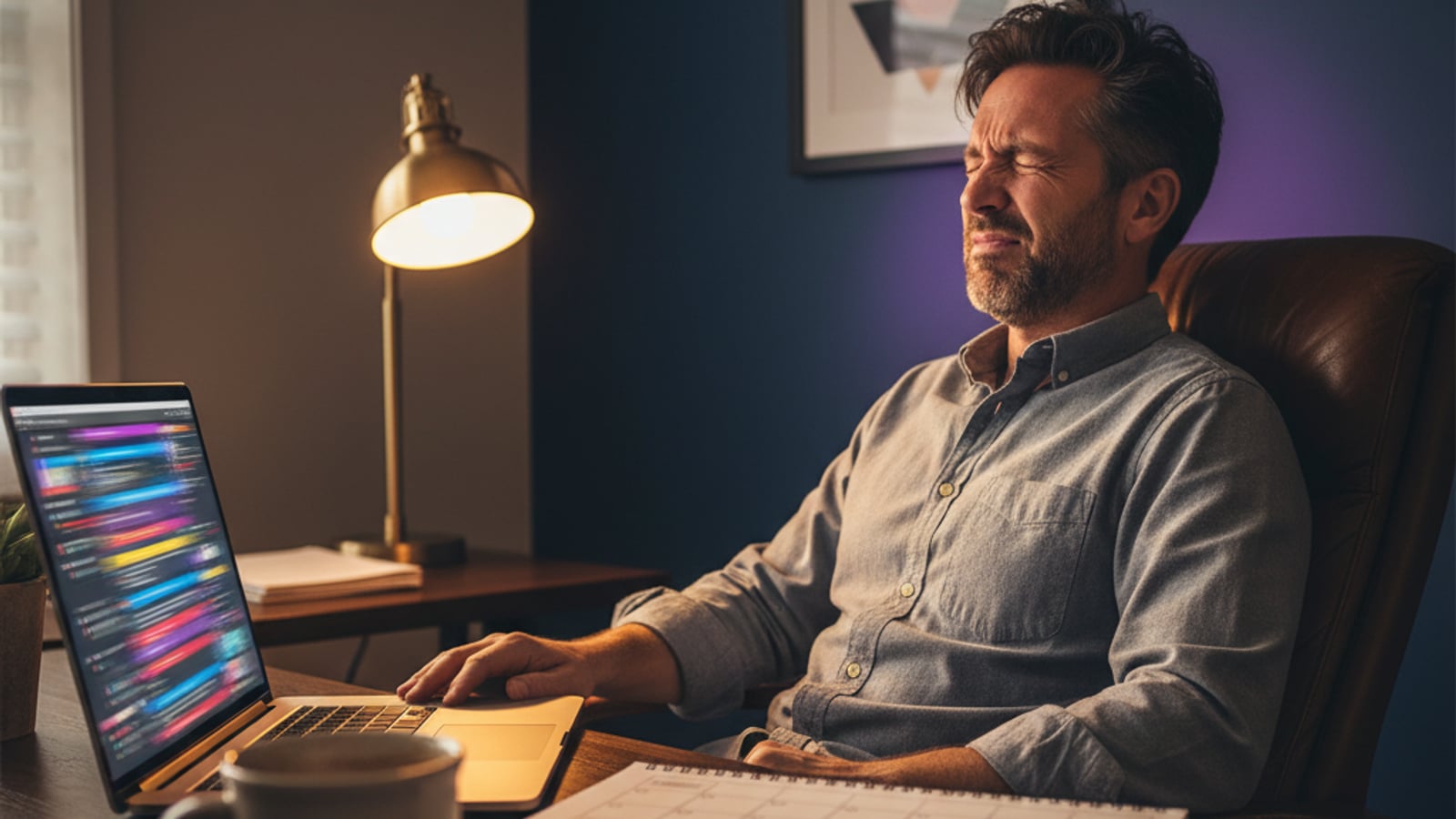 A tired small business owner, frustrated by the struggle to create consistent social media content for plumbers electricians HVAC home services.