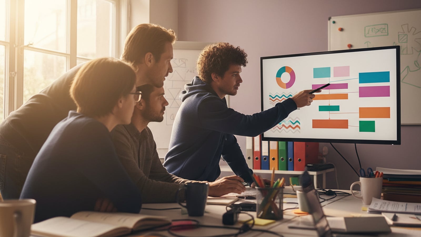 A small team collaborating around a monitor, streamlining the process of generating social media content for plumbers electricians HVAC.