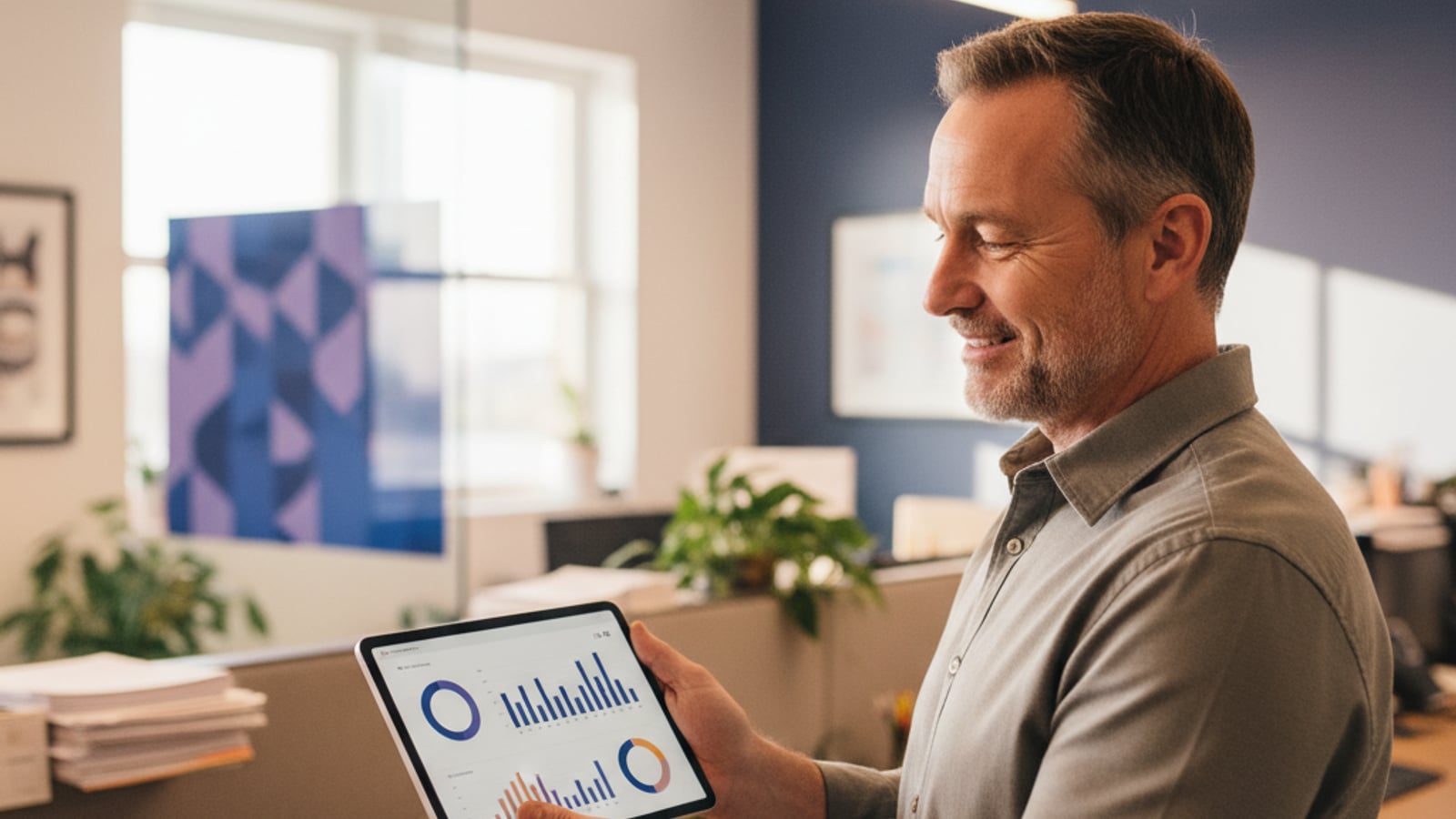 Confident home services owner views a clean, active social media dashboard — successful social media content for plumbers electricians HVAC.