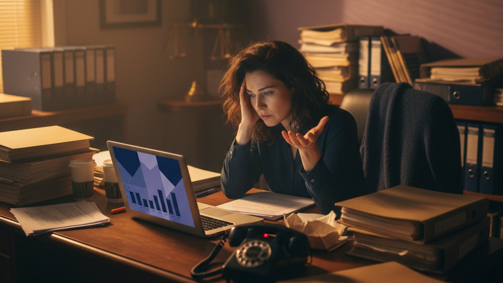 Stressed law firm attorney at a cluttered desk late at night, phone ringing unanswered — needs client-intake automation for small law firms.