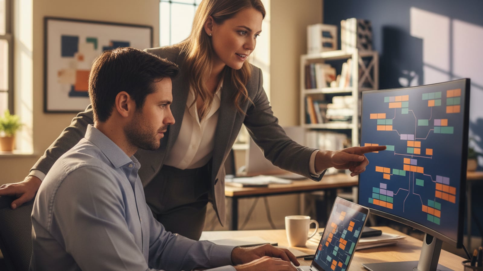 Two law firm staff collaborate at a workstation, reviewing abstract case-flow diagrams — implementing client-intake automation for small law firms.