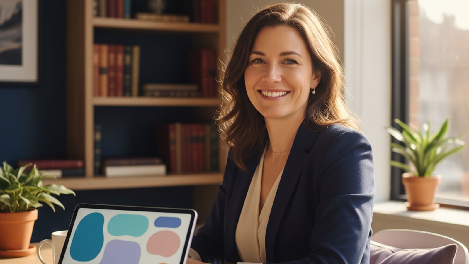 Confident attorney in a clean office, tablet showing a color-blocked intake dashboard — successful client-intake automation for small law firms.