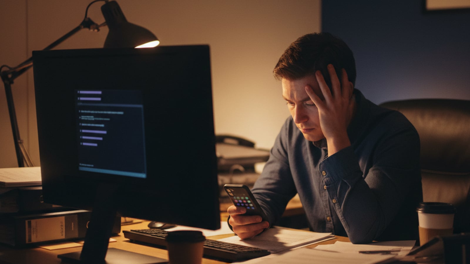 Stressed paralegal at a dark computer screen, missing after-hours inquiries — a pain point for small law firms needing an ai chat assistant.