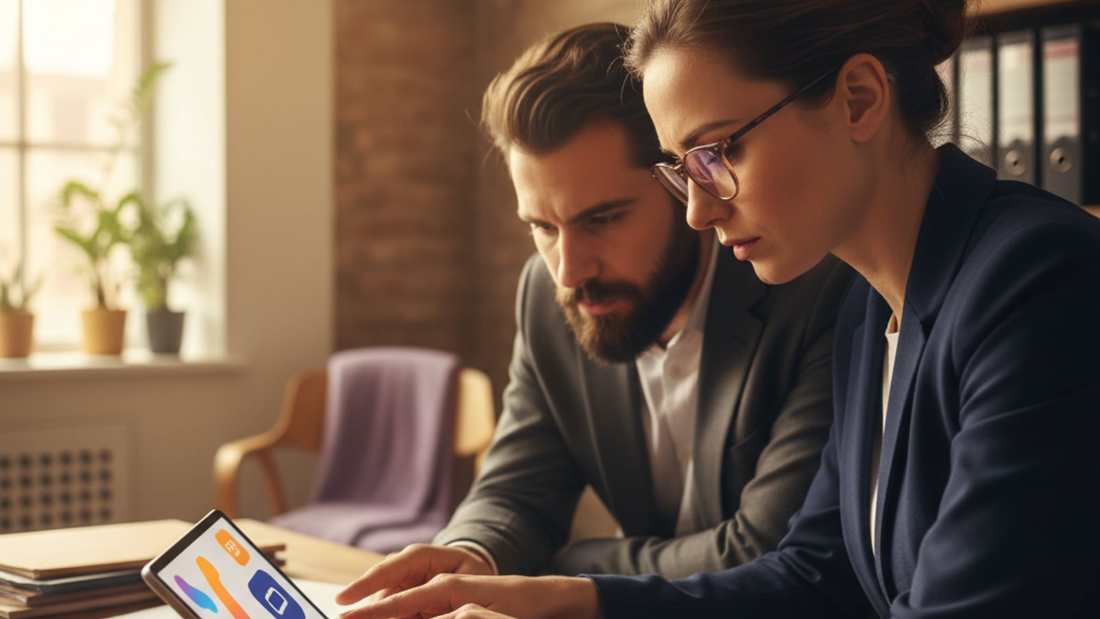An attorney and paralegal collaborate, reviewing abstract chat flow designs on a tablet, configuring their ai chat assistant for small law firms.