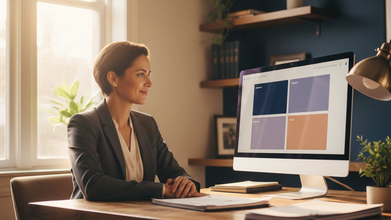 Confident attorney smiles, reviewing a color-blocked intake dashboard — efficient client acquisition for small law firms with an ai chat assistant.
