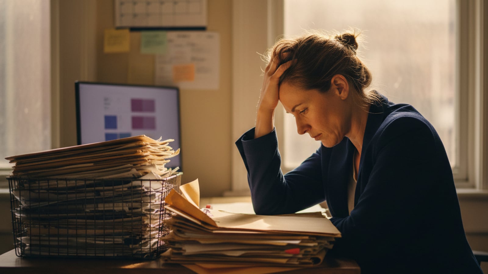 A small law firm owner looks overwhelmed by stacks of client files and a full calendar, struggling with client retention.