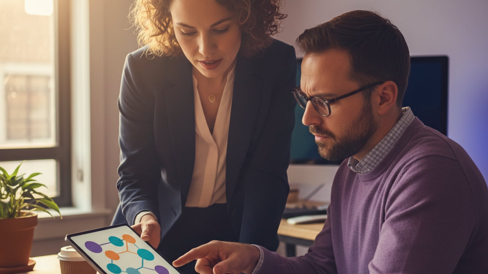 Two legal professionals collaborate, reviewing a colorful, abstract digital dashboard for a client retention system.
