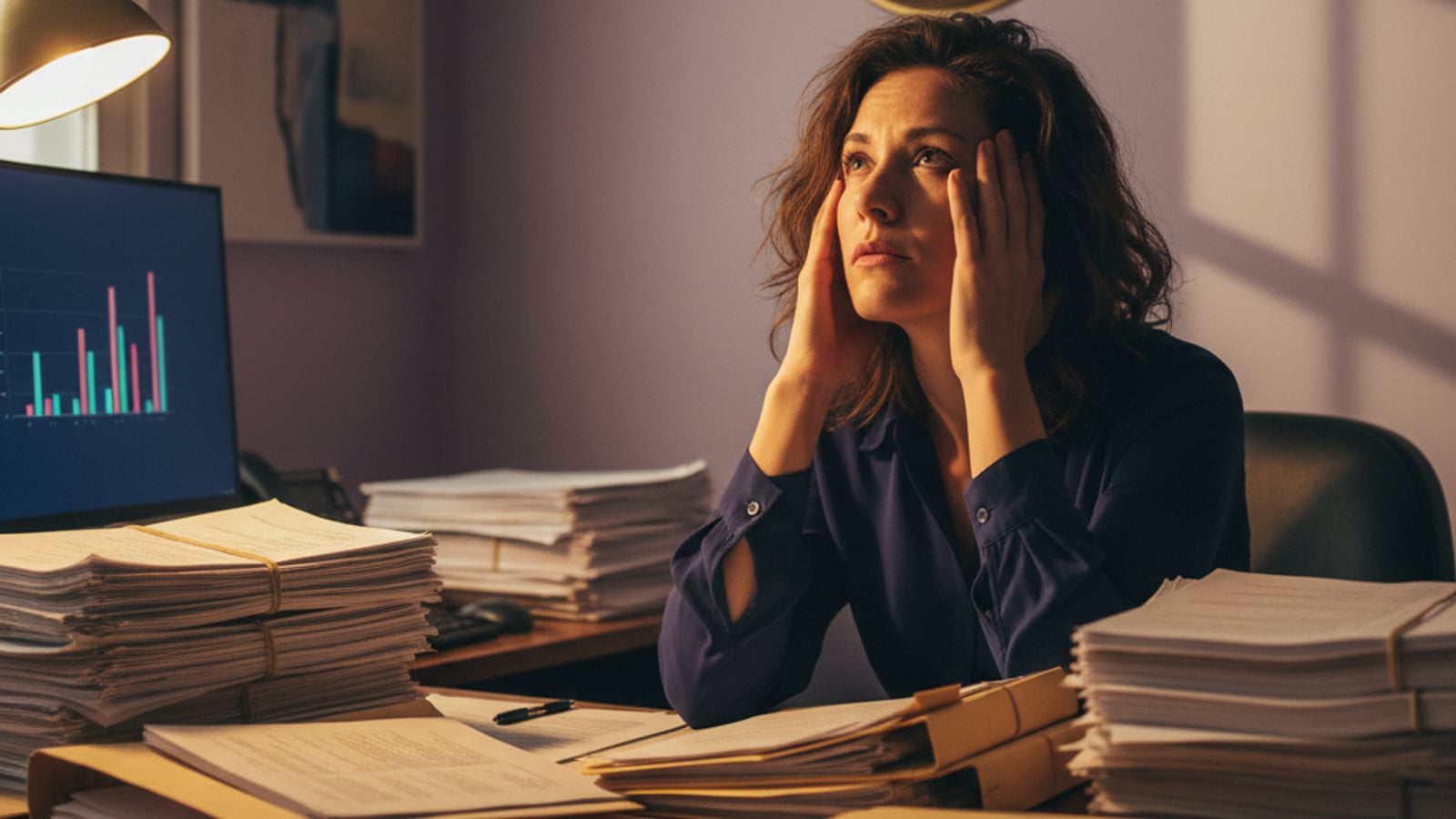 A paralegal at a cluttered desk, looking stressed amidst stacks of paper, struggling with manual document automation for small law firms.