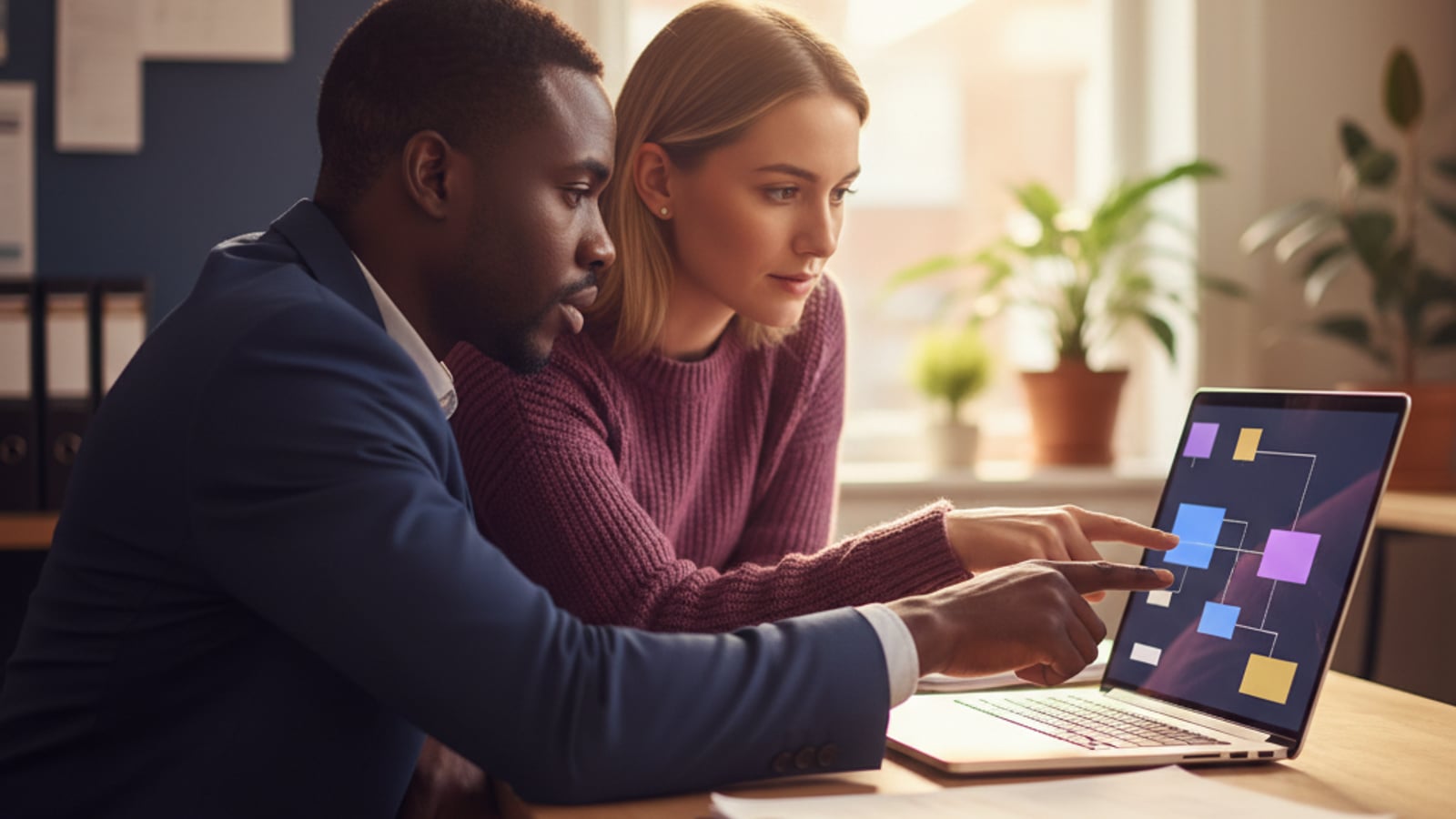 Two legal professionals collaborate on a laptop, setting up efficient document automation for small law firms with digital tools.