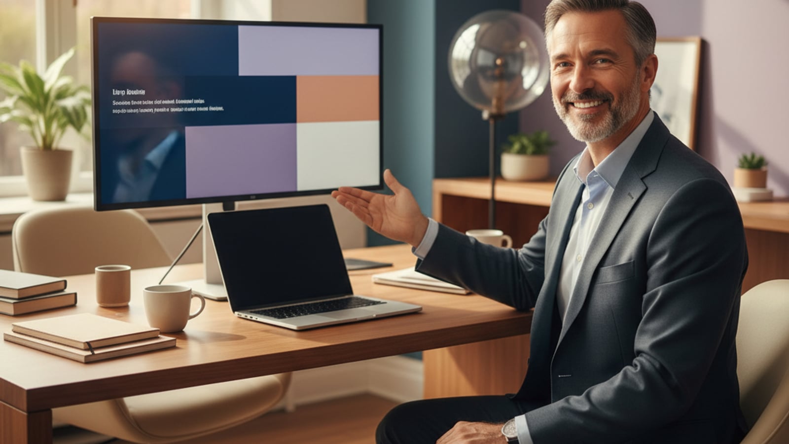 A confident attorney smiles in a clean office, viewing a streamlined digital dashboard, reflecting successful document automation for small law firms.