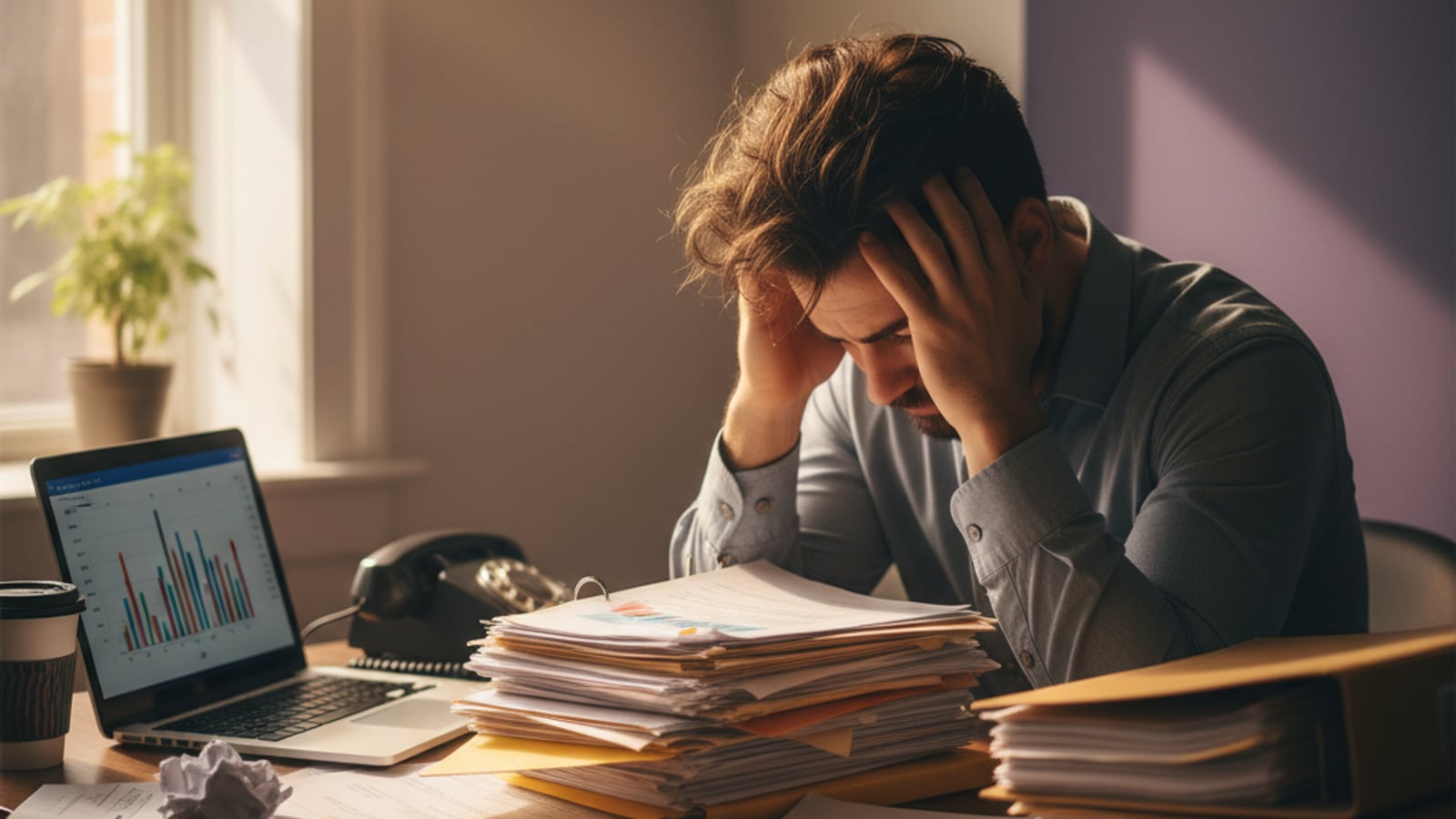 Paralegal at a cluttered desk, head in hands, overwhelmed by client inquiry forms — needs lead nurture automation for small law firms.