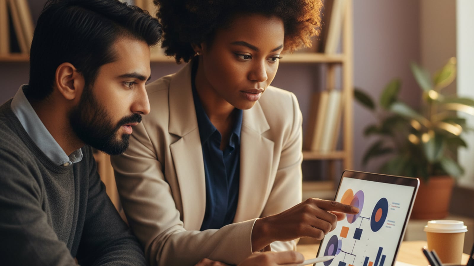 Two legal professionals collaborate, reviewing a colorful workflow on a laptop screen, implementing lead nurture automation for small law firms.