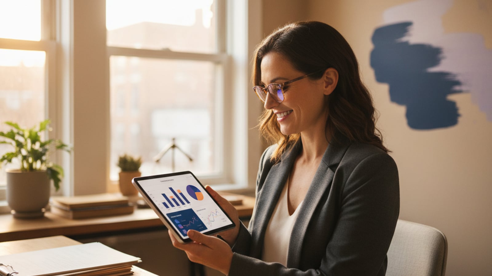 A confident law firm owner reviews a clean digital dashboard with positive metrics, showing successful lead nurture automation for small law firms.