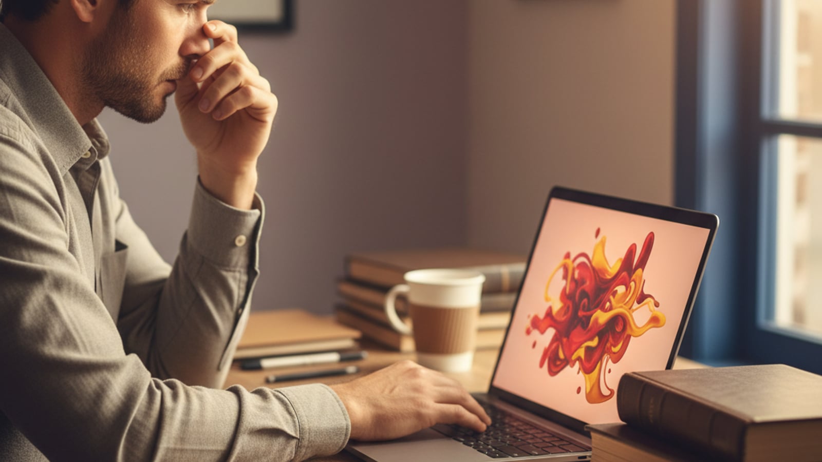 A weary small law firm partner, frustrated by abstract low ratings on a laptop, struggles with review management for small law firms.
