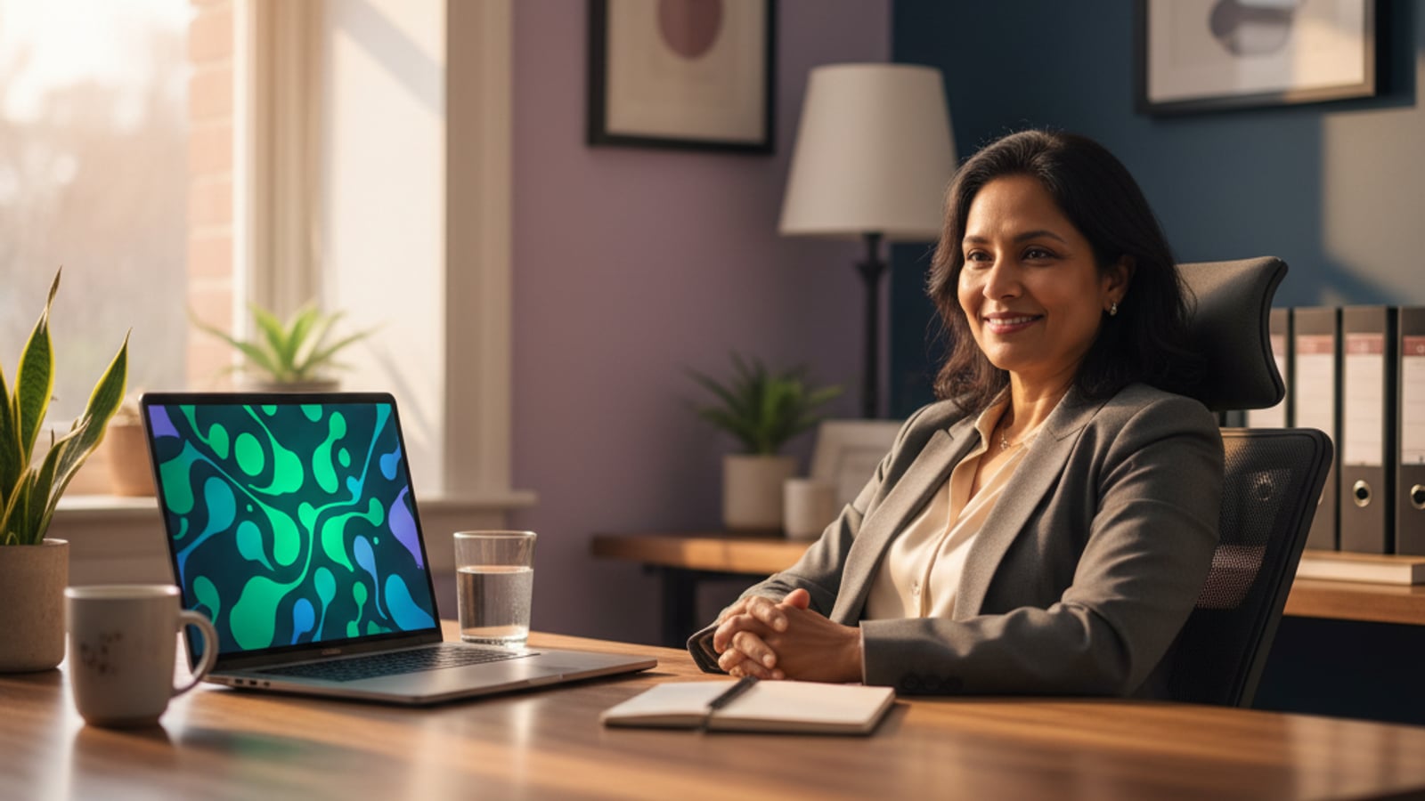 A confident small law firm partner smiles, viewing a clean dashboard reflecting successful review management for small law firms.