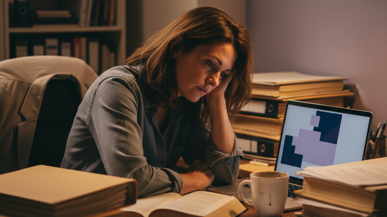 A weary small law firm owner, frustrated, stares at an empty social media feed on a laptop, struggling with social media content for their firm.