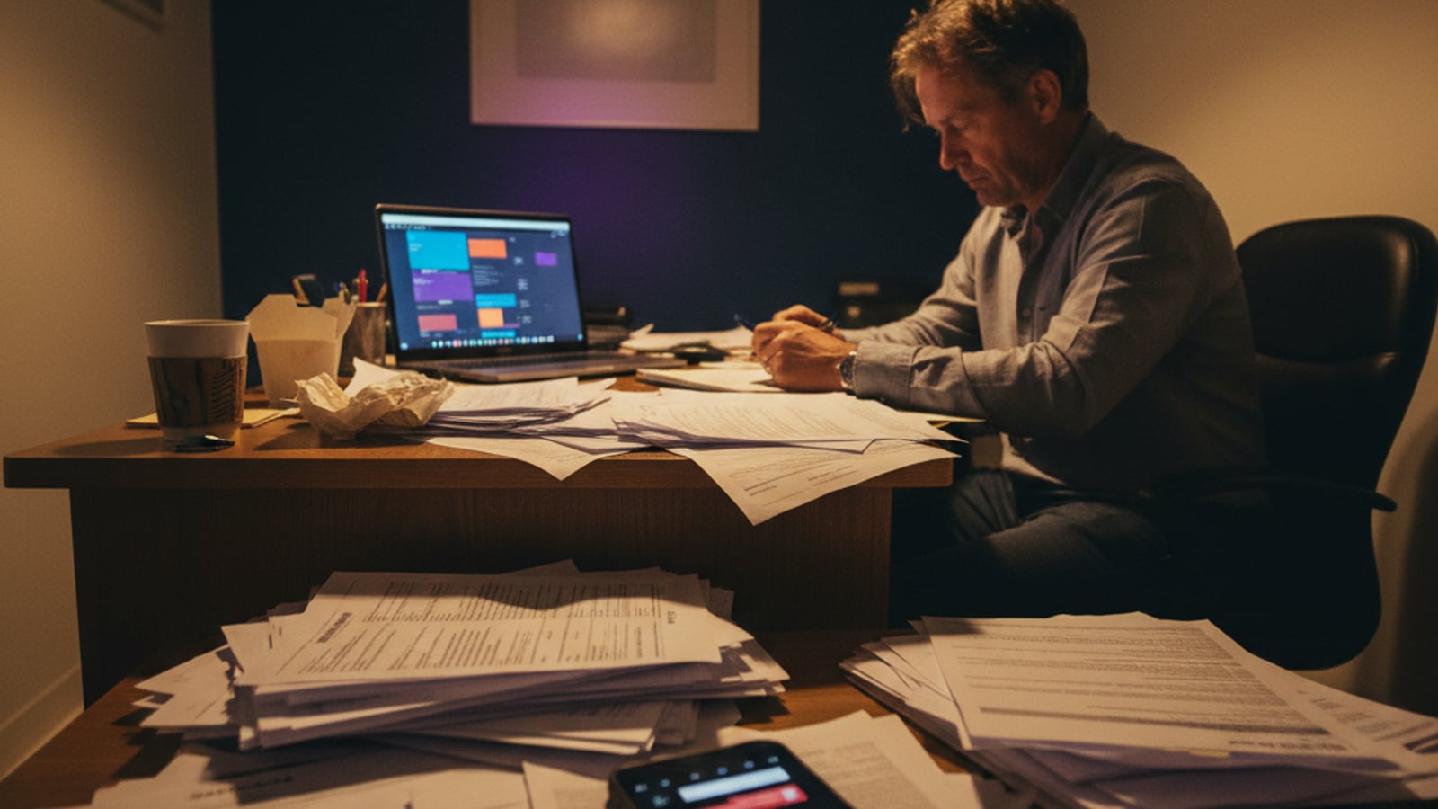 Tired real estate agent at a desk late at night, phone showing missed messages — needs lead-response automation for real estate.