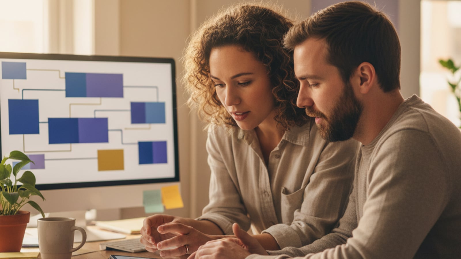 Two real estate pros collaborate at a workstation, monitor showing abstract pipeline data — implementing lead-management automation for real estate.