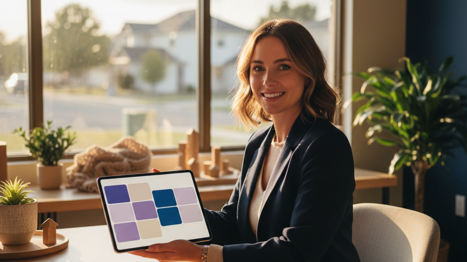Confident real estate agent in a sunlit office, tablet showing color-blocked pipeline dashboard — successful lead-response automation for real estate.