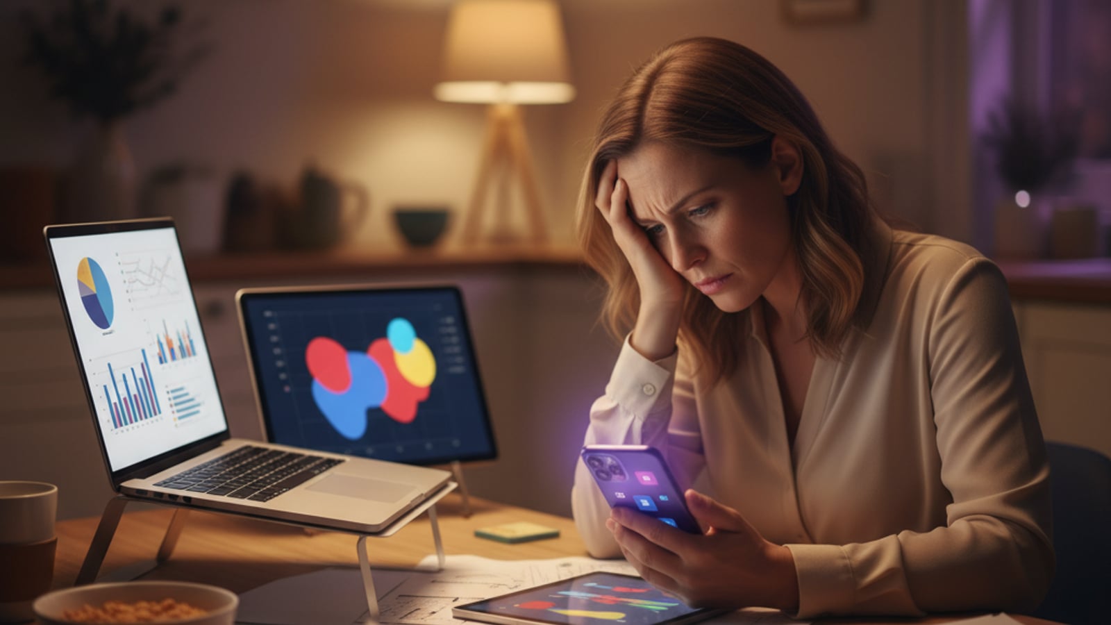 A stressed real estate agent late at night, overwhelmed by glowing screens and unanswered inquiries, missing potential leads.