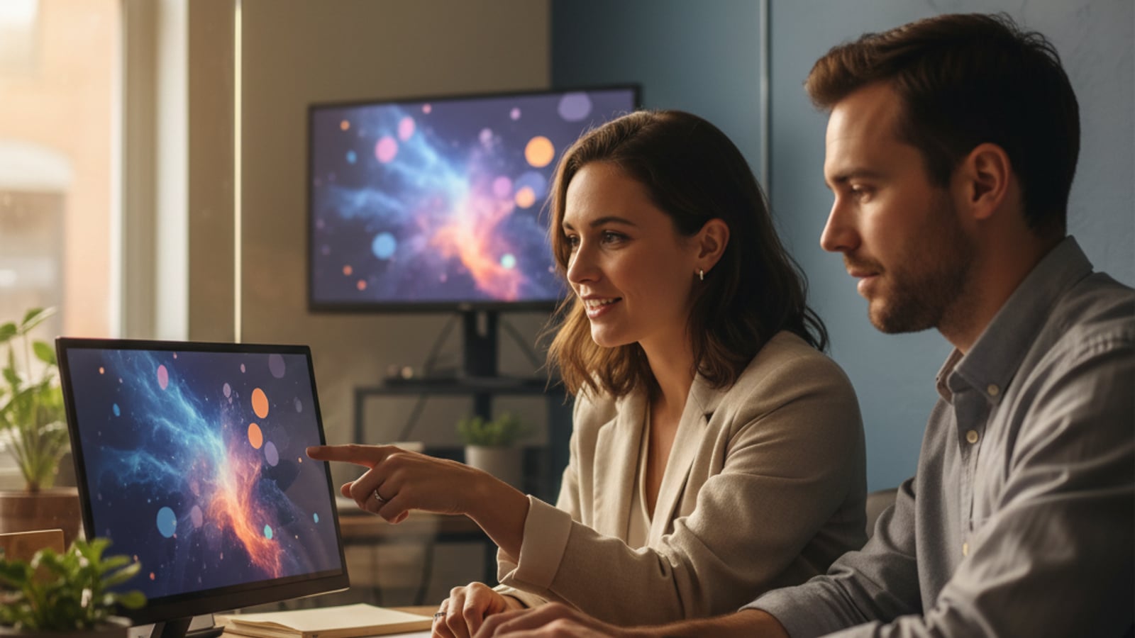A real estate agent and a consultant collaborating on a laptop, setting up an AI chat assistant with colorful, abstract screen content.