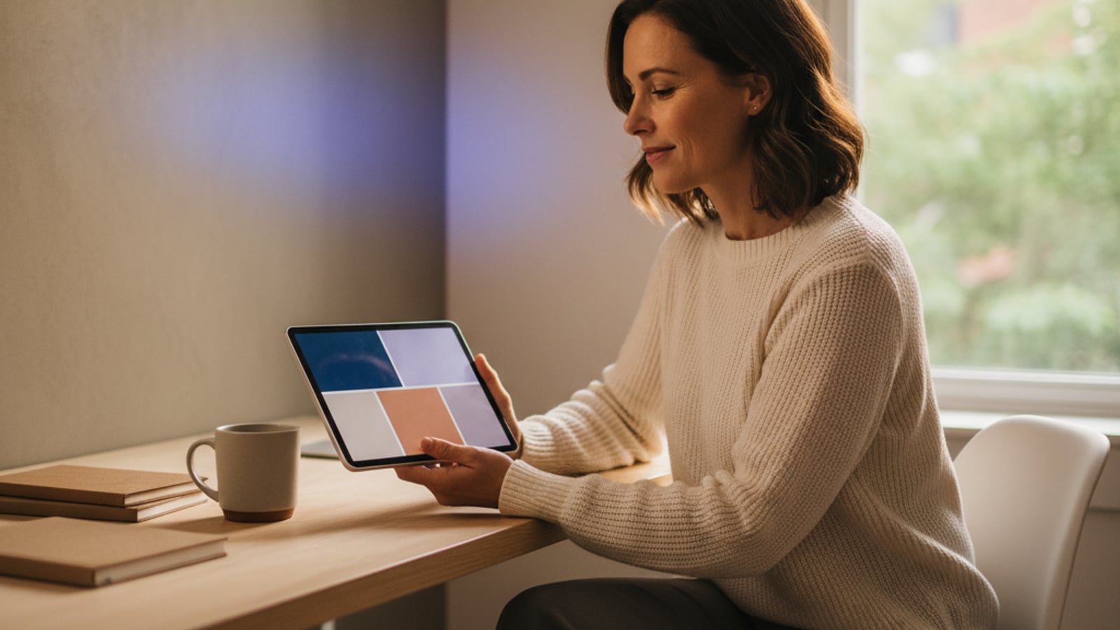 A confident real estate agent calmly reviews a clean, color-blocked dashboard on a tablet, demonstrating control with an AI chat assistant.