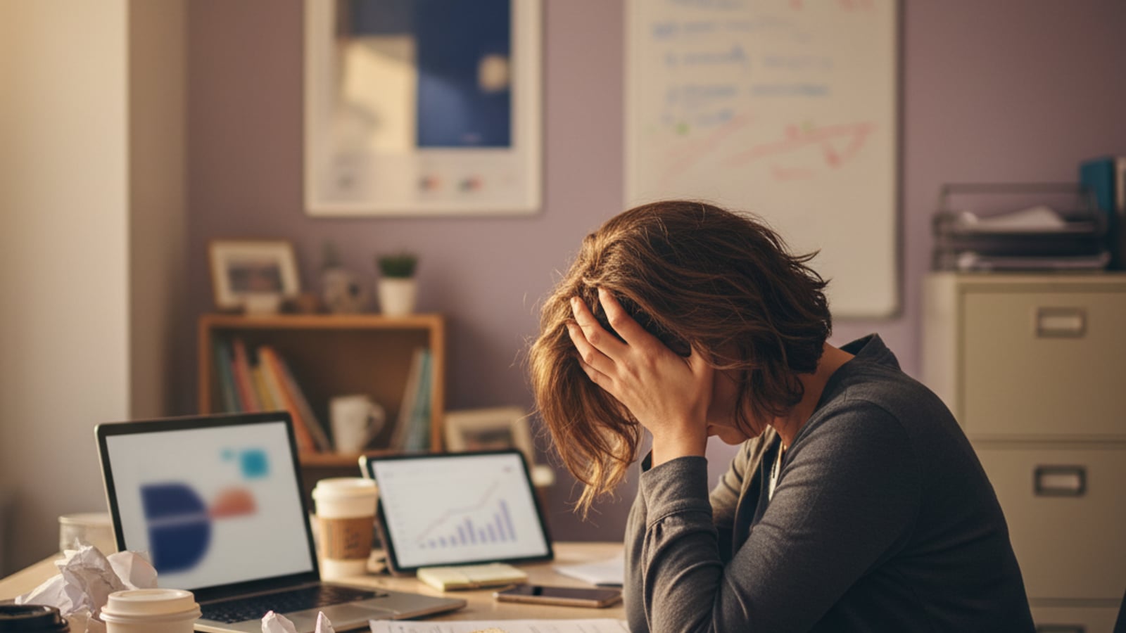 An overwhelmed real estate agent at a cluttered desk, head in hands, struggling to manage a client retention system for past clients.