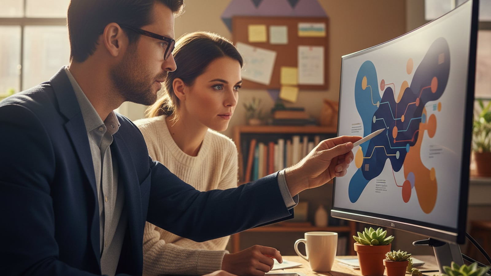 Two real estate professionals collaborate, reviewing a client retention system on a monitor with abstract, colorful data visualizations.