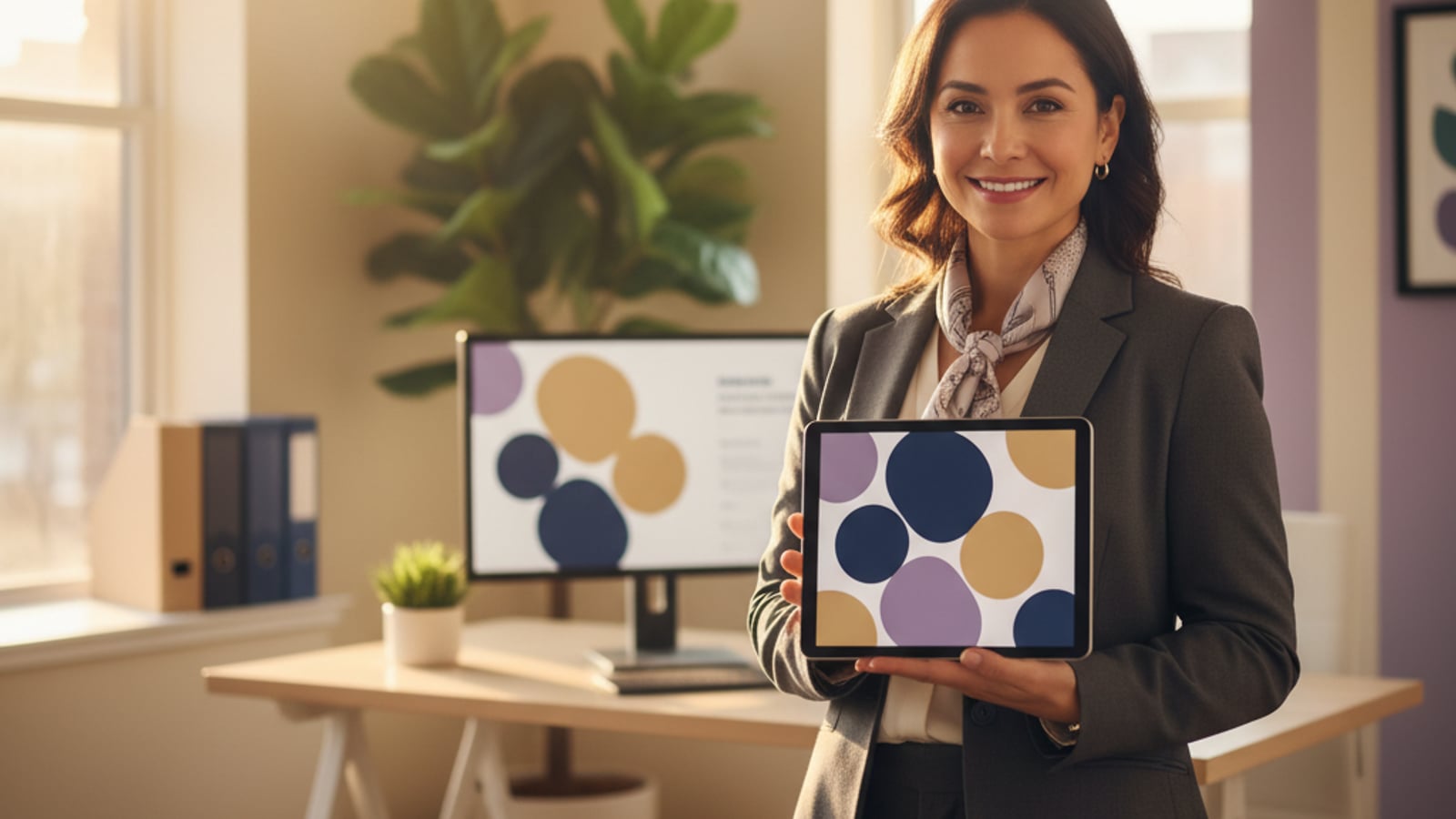 A confident real estate agent smiles, reviewing a tablet with abstract, colorful success metrics, enjoying an effective client retention system.