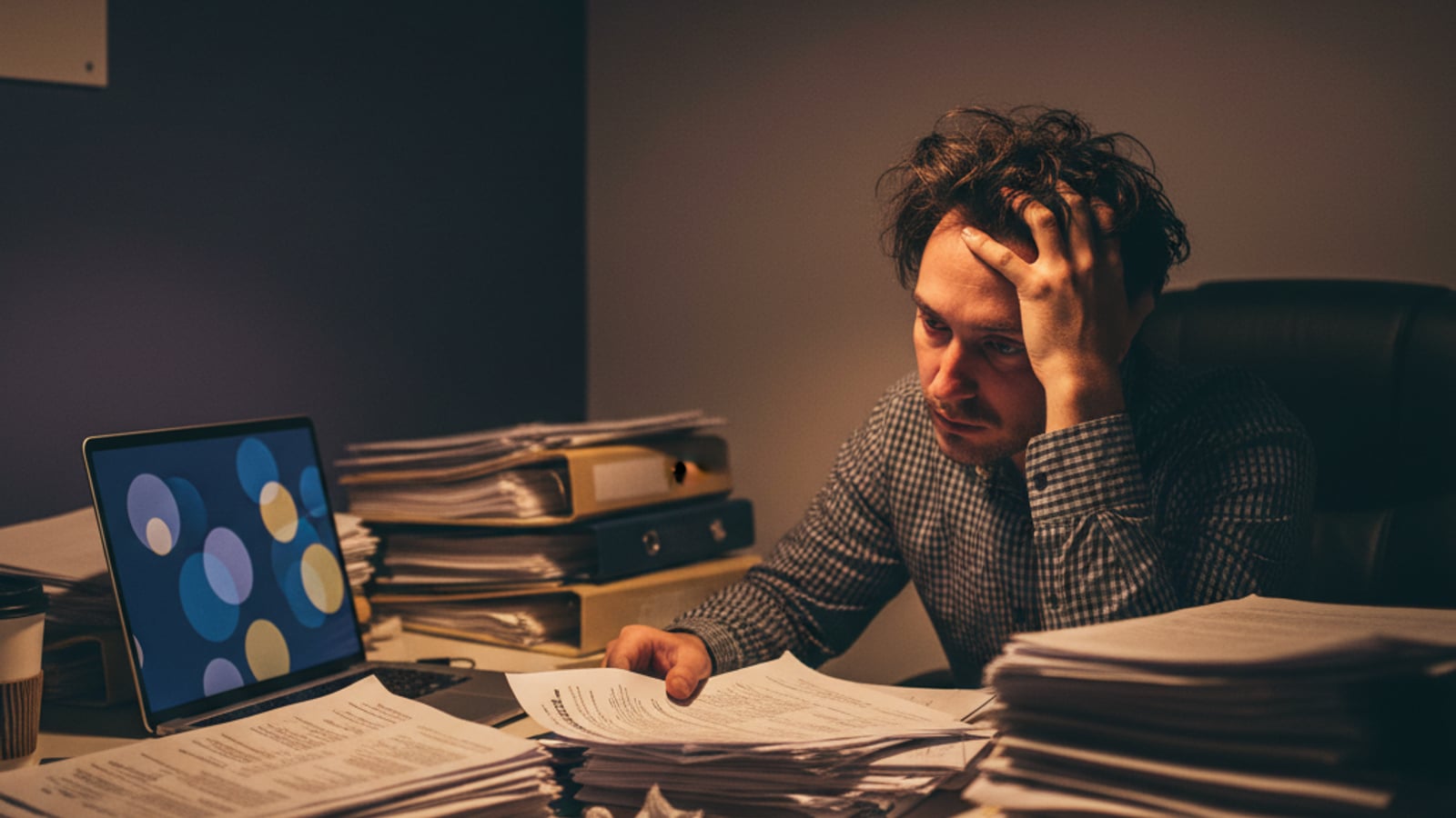 A stressed real estate agent at a desk buried under stacks of forms, overwhelmed by document automation challenges.