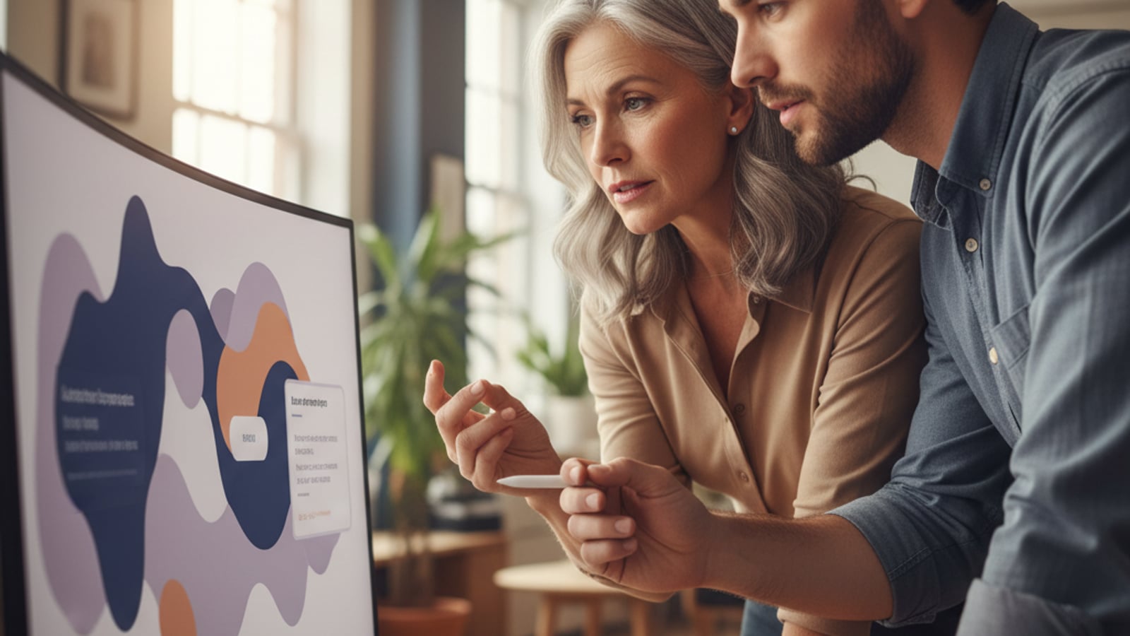 Two real estate agents collaborating, discussing a clean, abstract digital workflow for document automation on a large screen.