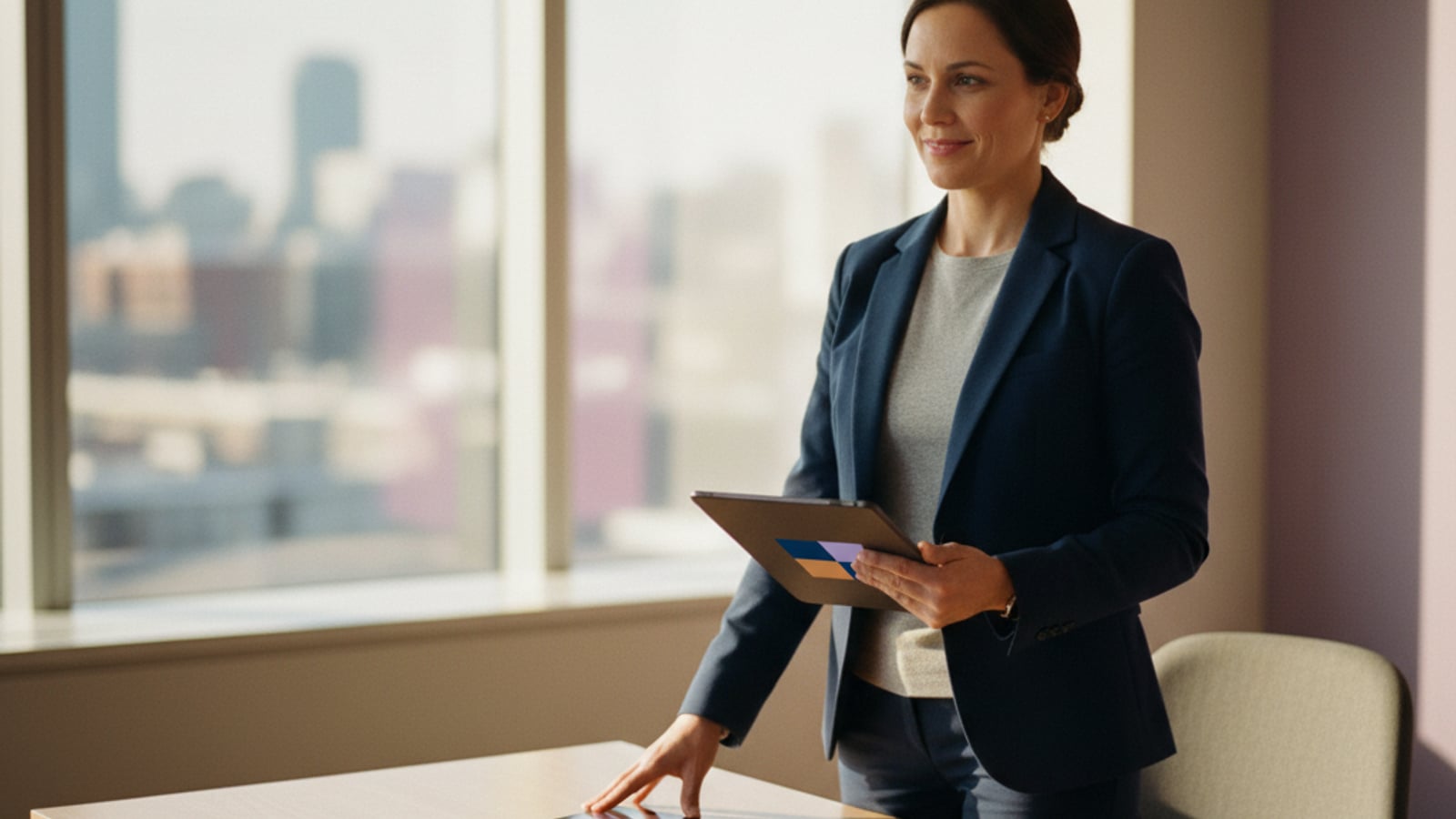 A confident real estate agent stands calmly in a minimalist office, enjoying the efficiency from document automation.